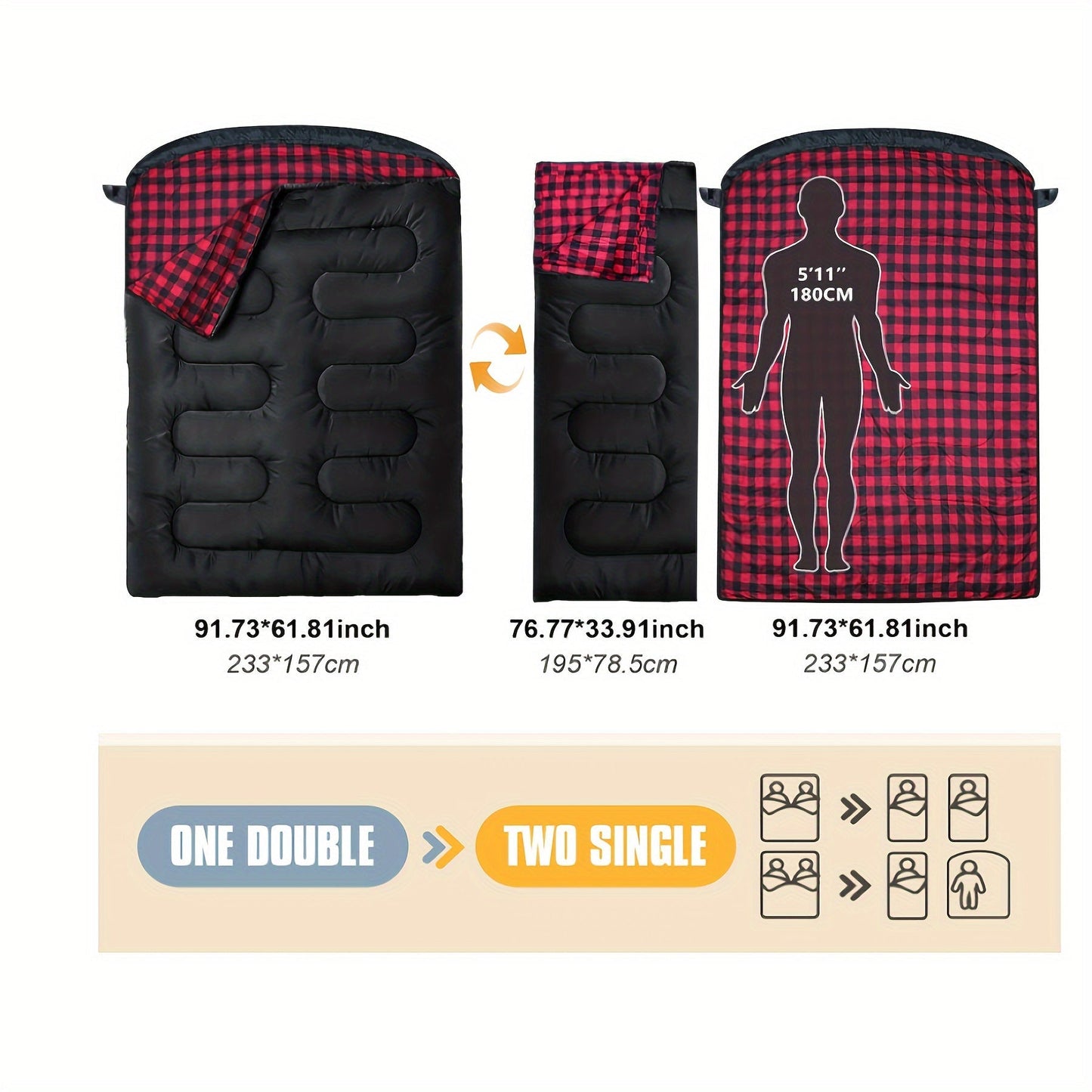 2 Person Double Sleeping Bag for Camping (220x150cm)-3