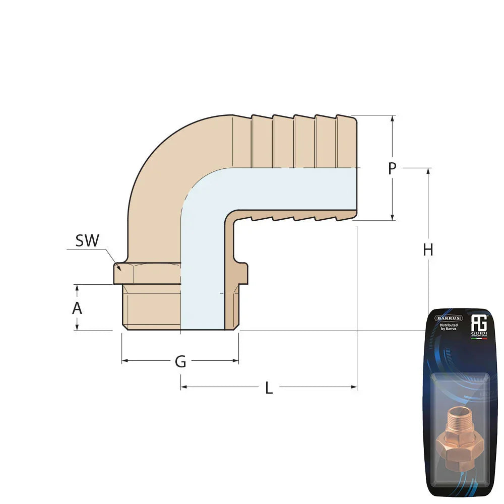 Guidi Brass 90° Hose Connector M 1 in 1/4 - Retail Pack