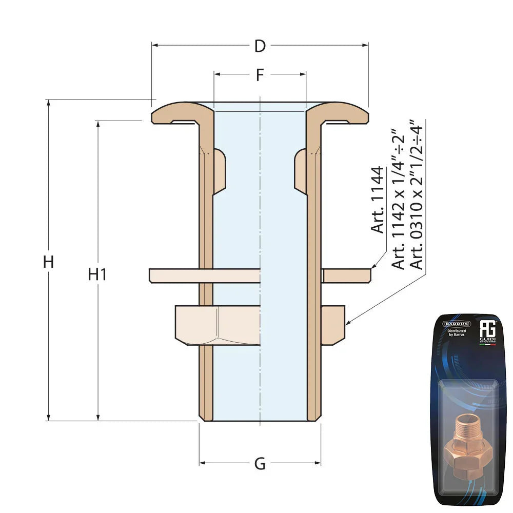 Guidi Brass Thru-Hull Connection 1 in 1/4 - Retail Pack