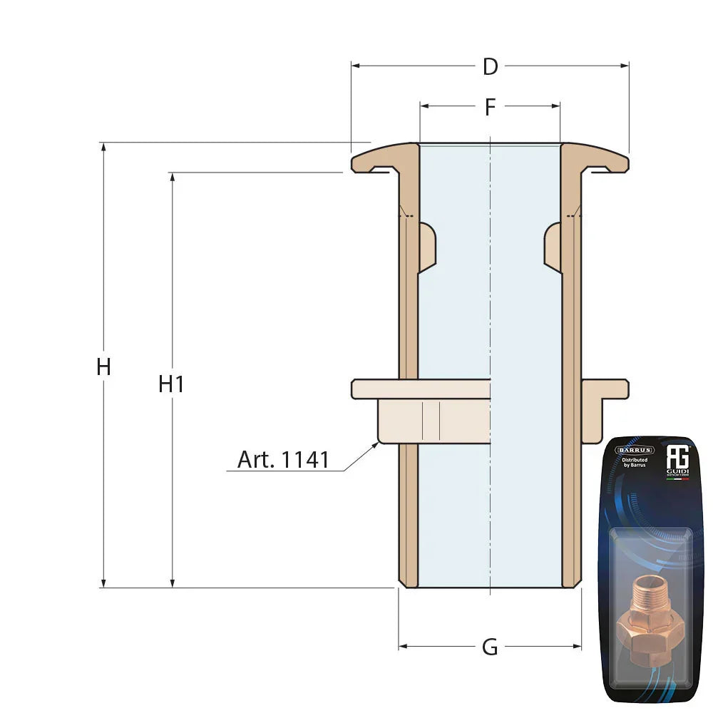 Guidi Brass Thru-Hull in Export in Standard Series 1 in 1/4 X 70 mm - Retail Packed