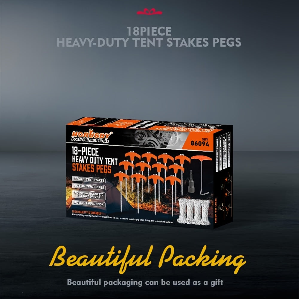 18 pcs Heavy Duty Tent Stakes Set with Rope & Hook-3