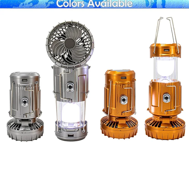 XSXS-6 In 1 Camping Fan 2 In 1 Hanging Fan With Led Lantern Solar Powered Fan Portable Rechargeable Gold