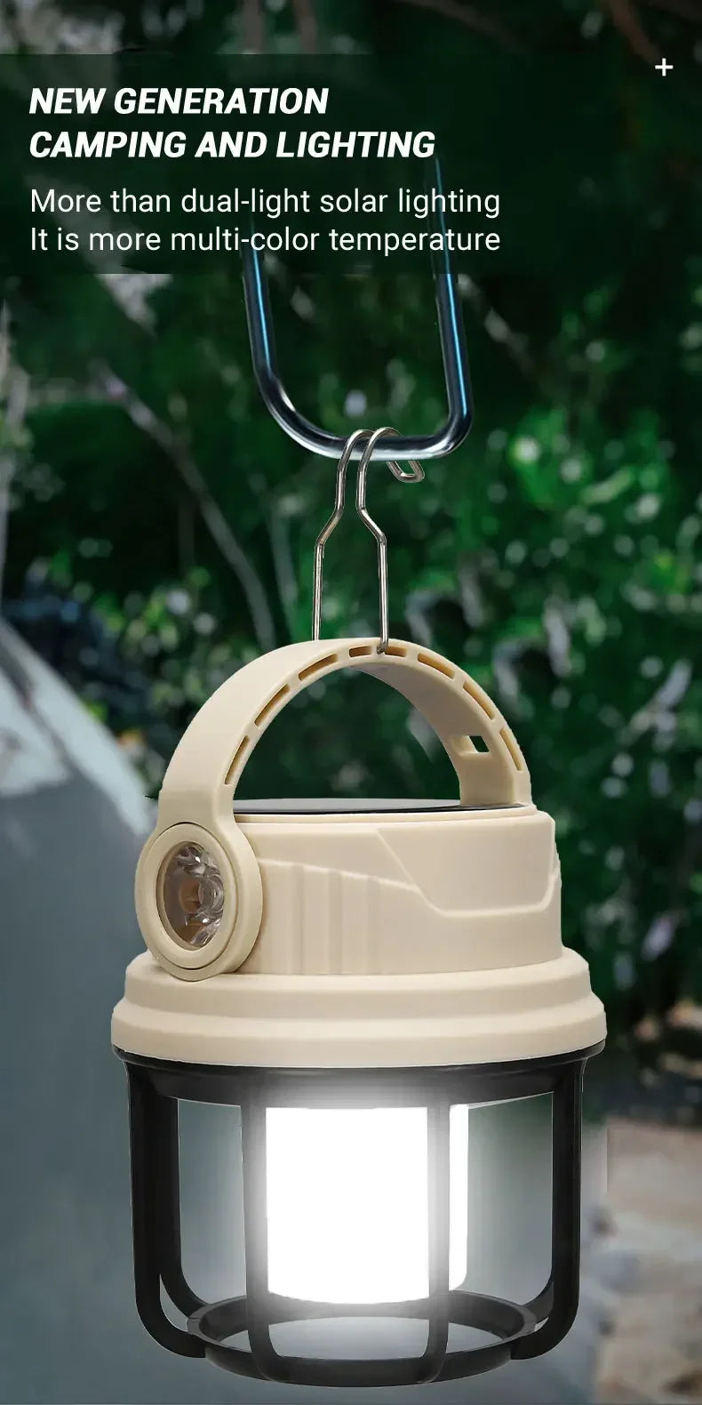 Outdoor Solar Camping Lamp USB Rechargeable Waterproof Lantern with Power Bank for Portable Emergency Tent Hunting Fishing Light