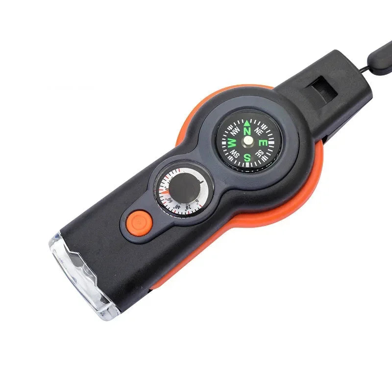 NEW 1PC 7 in 1 Survival Whistle High Decibel Rescue Whistle with LED Light Thermometer Compass Survival Reflective Signal Mirror
