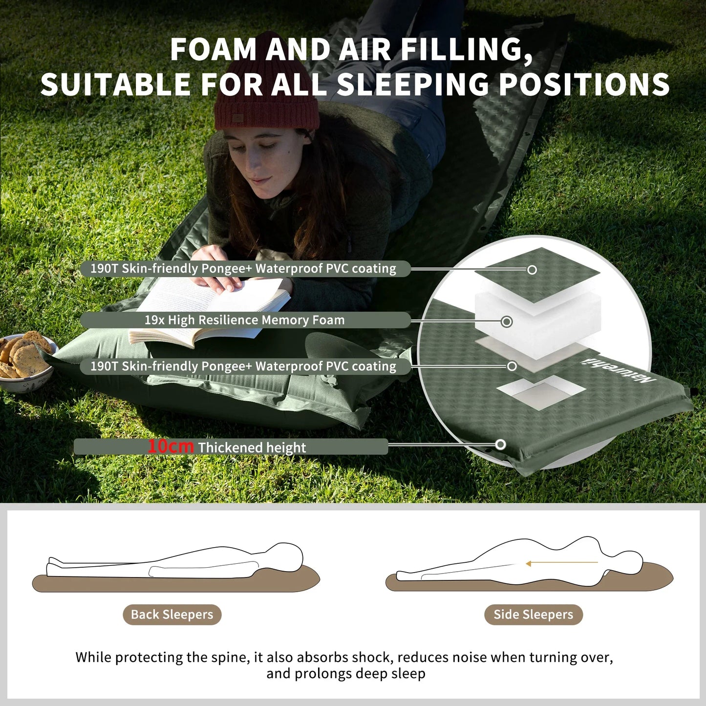 10cm Thick Self-Inflating Double Mattress with Pillow Green-2