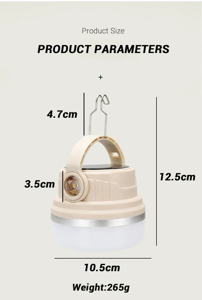 Outdoor Solar Camping Lamp USB Rechargeable Waterproof Lantern with Power Bank for Portable Emergency Tent Hunting Fishing Light