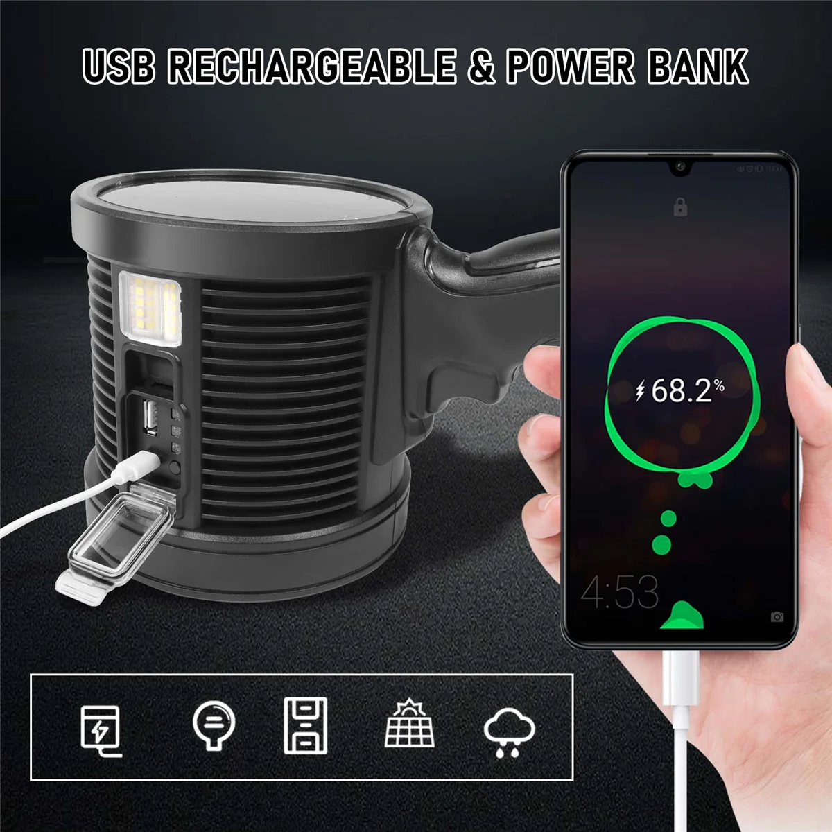 AD-Rechargeable Spotlight,100000 Lumens LED Spot Lights Handheld Large Flashlight Super Bright Outdoor Solar
