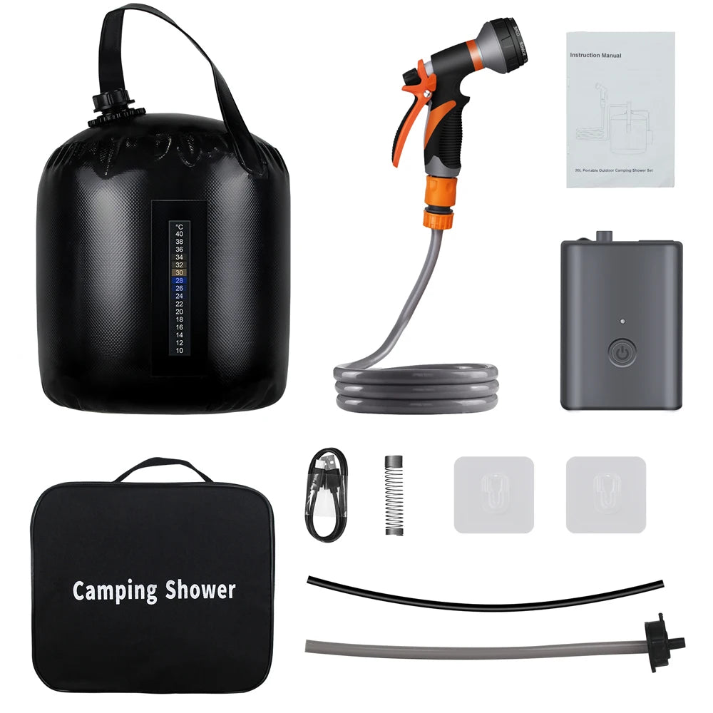 Portable Camping Shower with 20L Solar Heating Bag Rechargeable Electric Shower Pump Kit For Dogs Car Human Outdoor Washing