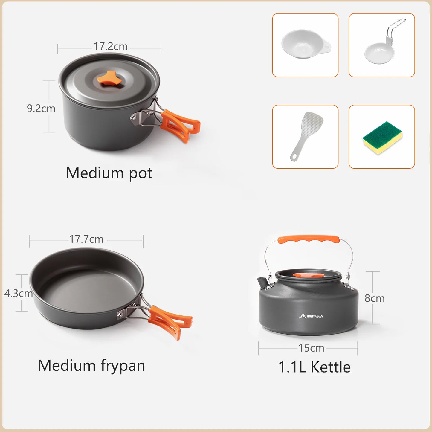 BISINNA Outdoor Aluminum Alloy Camping Cookware Utensils Water Kettle Pan Pot Cooking Set for Travelling Hiking Picnic BBQ