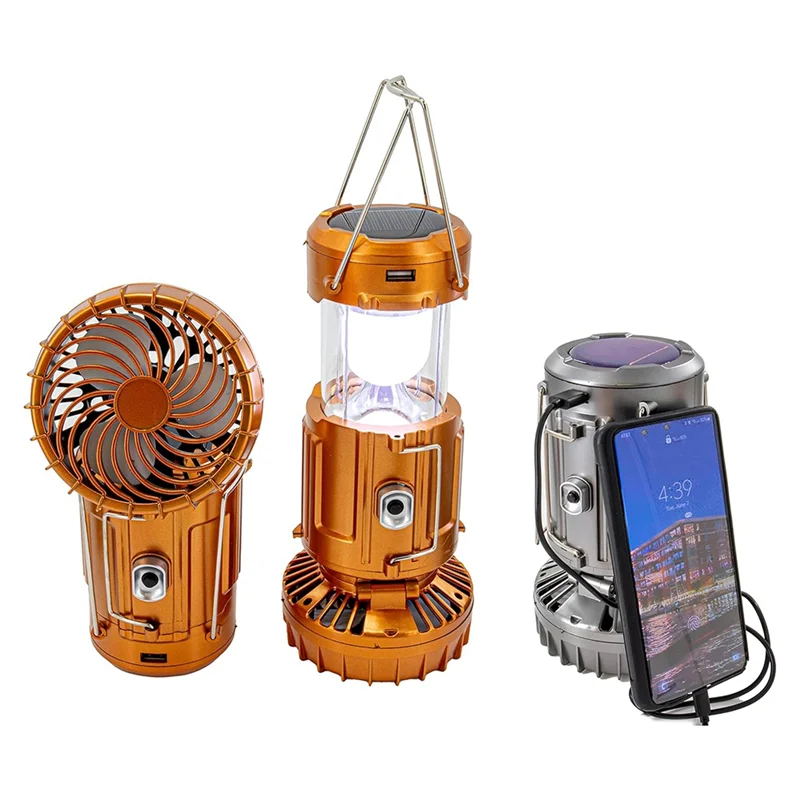 XSXS-6 In 1 Camping Fan 2 In 1 Hanging Fan With Led Lantern Solar Powered Fan Portable Rechargeable Gold