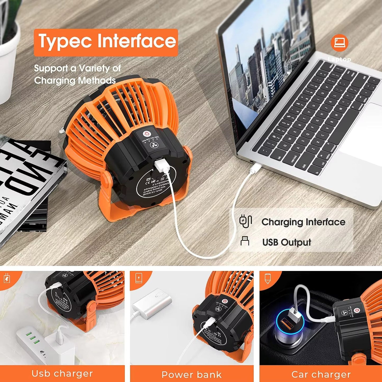 2-in-1 Rechargeable USB Tent Ceiling Fan with LED Light - Orange-2