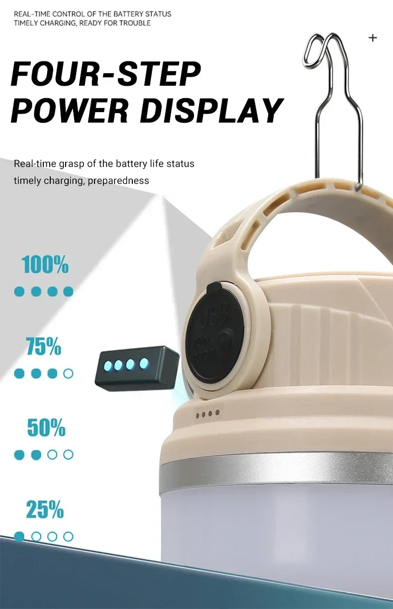 Outdoor Solar Camping Lamp USB Rechargeable Waterproof Lantern with Power Bank for Portable Emergency Tent Hunting Fishing Light