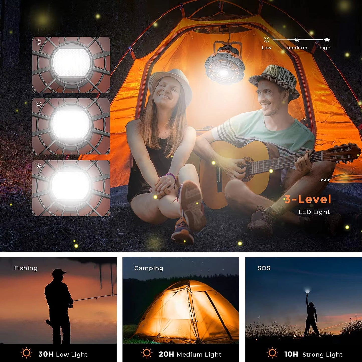 2-in-1 Rechargeable USB Tent Ceiling Fan with LED Light - Orange-3