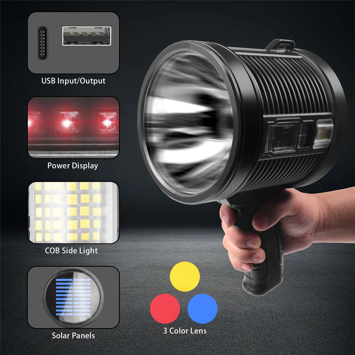 AD-Rechargeable Spotlight,100000 Lumens LED Spot Lights Handheld Large Flashlight Super Bright Outdoor Solar