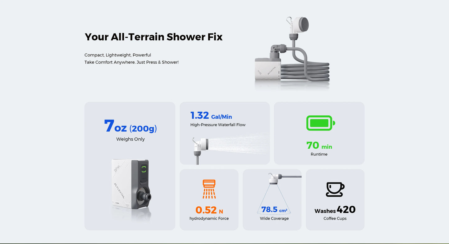 FLEXTAIL TINY SHOWER - Outdoor Camping Shower Portable Electric Shower Pump IPX7 Waterproof for Outdoor and Home Cleaning