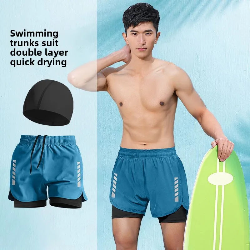 2025 New Anti Embarrassment Swimming Gear Complete Adult Swimsuit Set Swim Cap Goggles 3 Pcs Set Swimming Trunks for Men Short