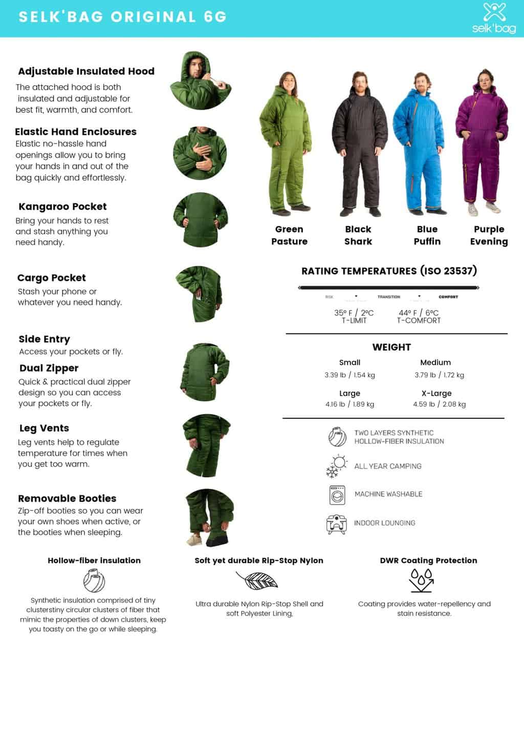 Selk'bag Original 6G Green Pasture Sleeping Bag Suit (Various sizes)