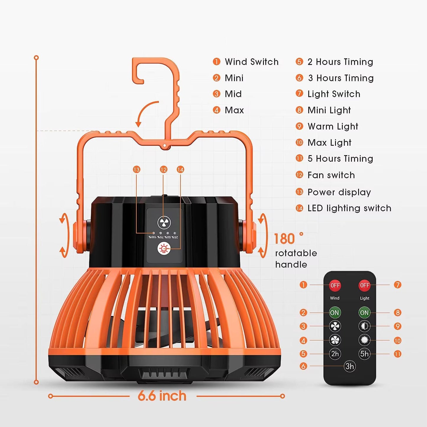 2-in-1 Rechargeable USB Tent Ceiling Fan with LED Light - Orange-1