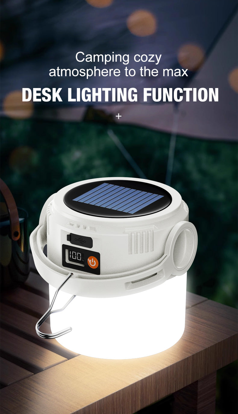 Ultra long endurance camping light, solar powered outdoor rechargeable tent light, emergency light, compact and portable, recha