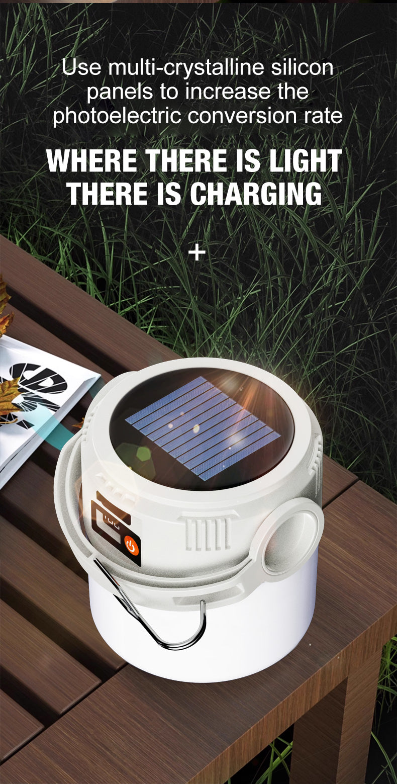 Ultra long endurance camping light, solar powered outdoor rechargeable tent light, emergency light, compact and portable, recha