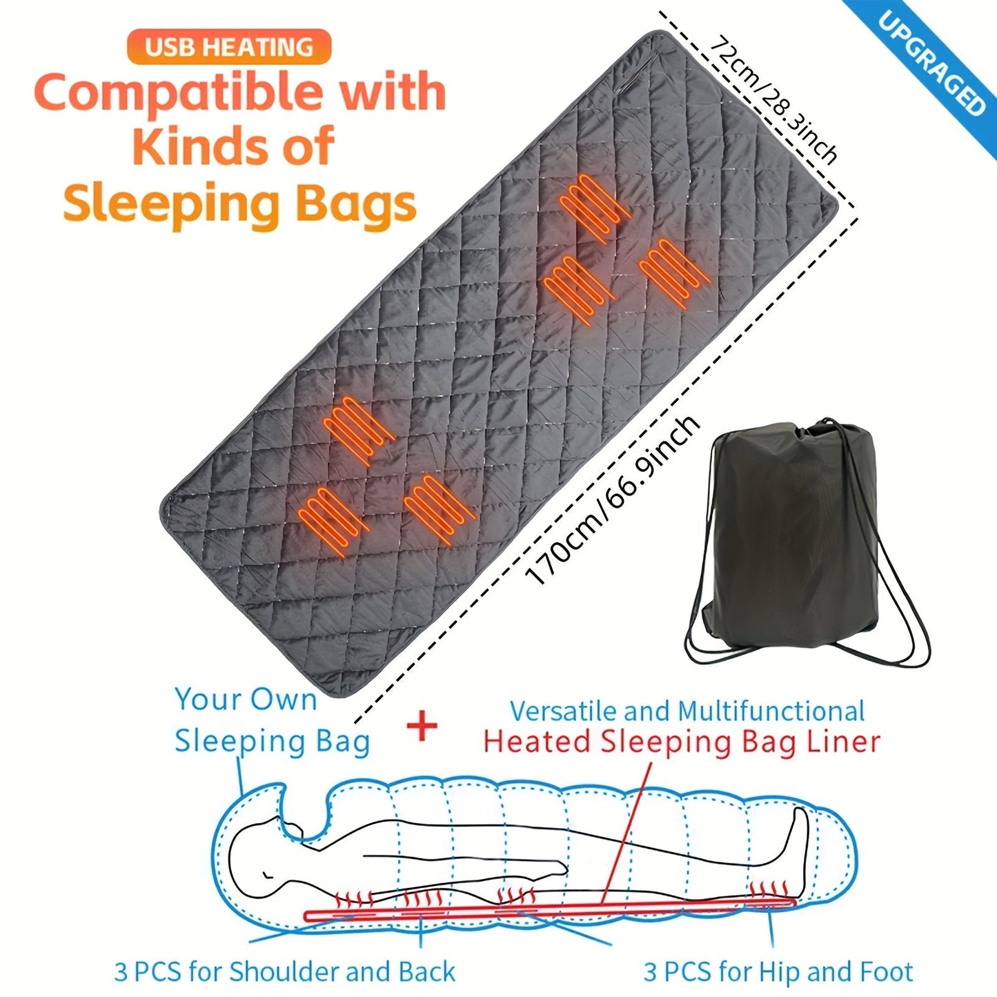 USB Heated Sleeping Bag Pad 5-Level Adjustable-3