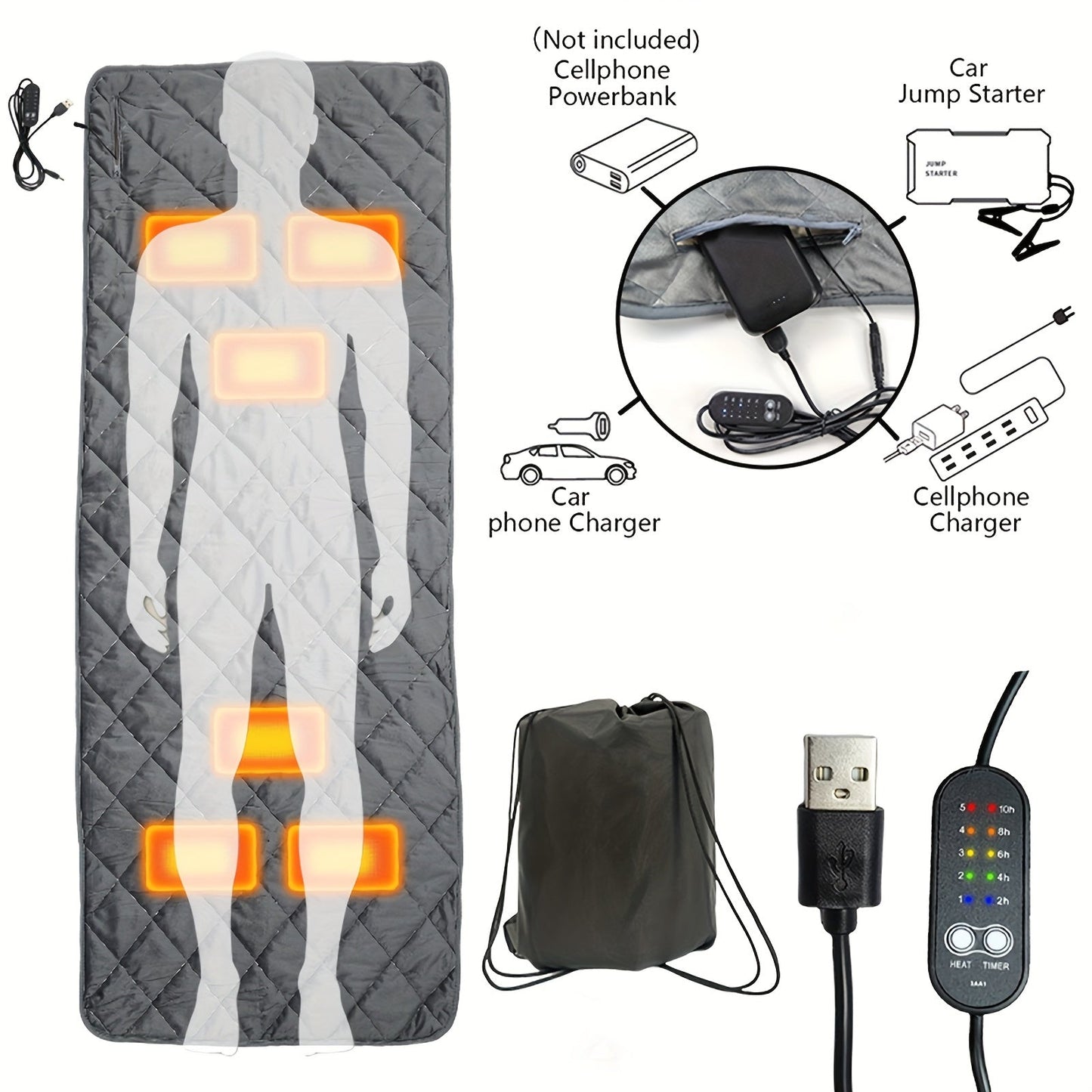 USB Heated Sleeping Bag Pad 5-Level Adjustable-1