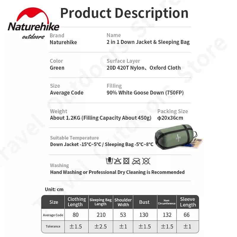 Naturehike 2 in 1 Sleeping Bag and Down Jacket