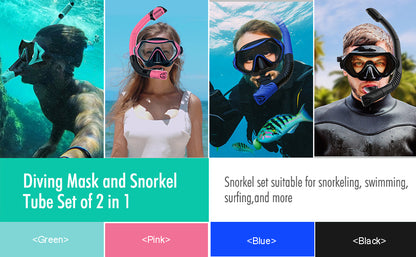 Adult Snorkelling Gear with 180 degree tempered glass anti-fog dry top snorkel Great Vision Swimming & Diving Gear
