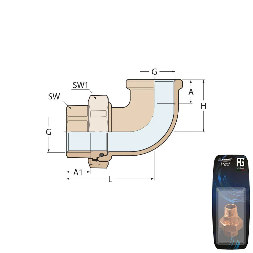 Guidi Brass 90° Union F-F Tapered Seat & O-Ring 1 in 1/2 - Retail Pack