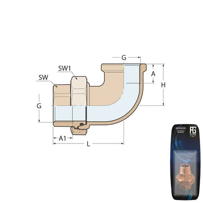 Guidi Brass 90° Union F-F Tapered Seat & O-Ring 1 in 1/2 - Retail Pack