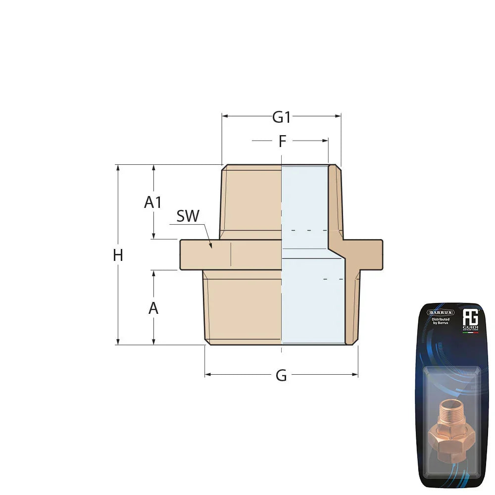 Guidi Brass Reducing Nipple M-M 2 in x 1 in 1/2 - Retail Pack
