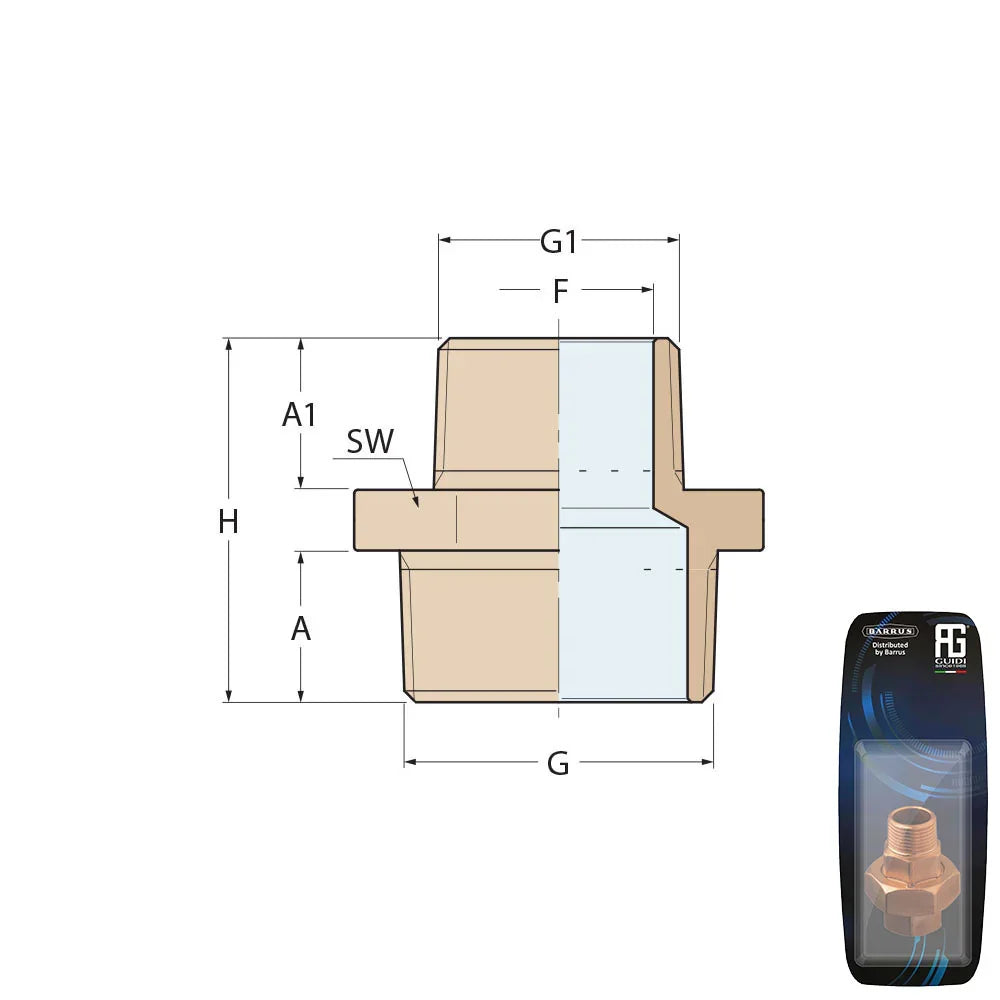 Guidi Bronze Reducing Nipple M-M 3/8 in x 1/4 in