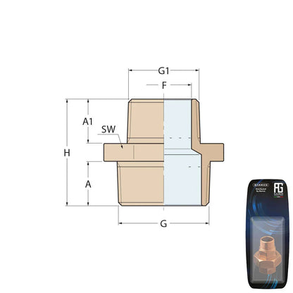 Guidi Bronze Reducing Nipple M-M 3/8 in x 1/4 in