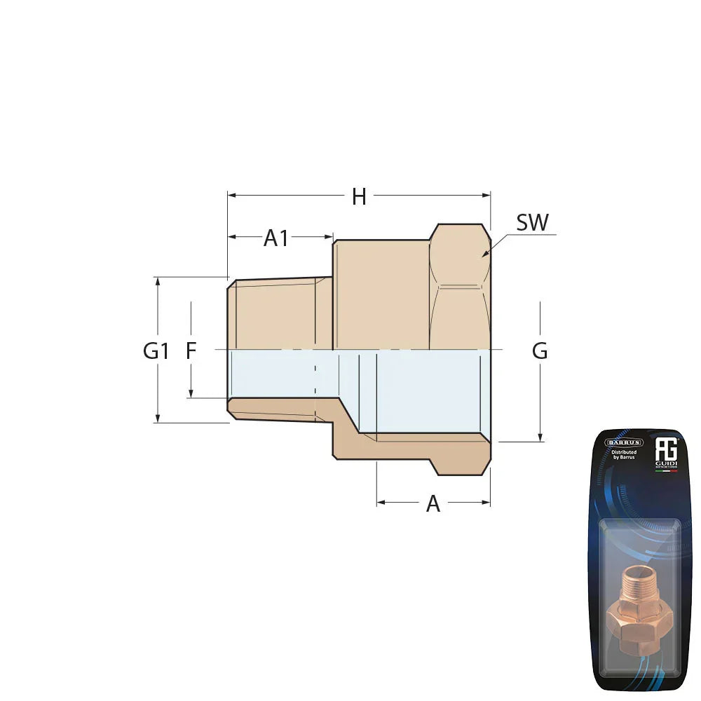 Guidi Bronze Reducing Nipple F-M 1/2 in x 3/8 in