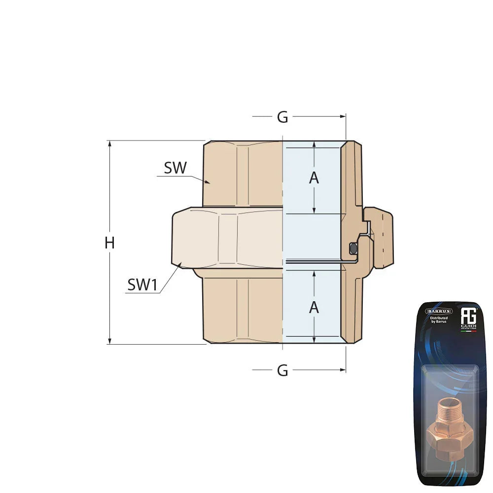 Guidi Brass Union F-F Tapered Seat 3/8 in - Retail Pack