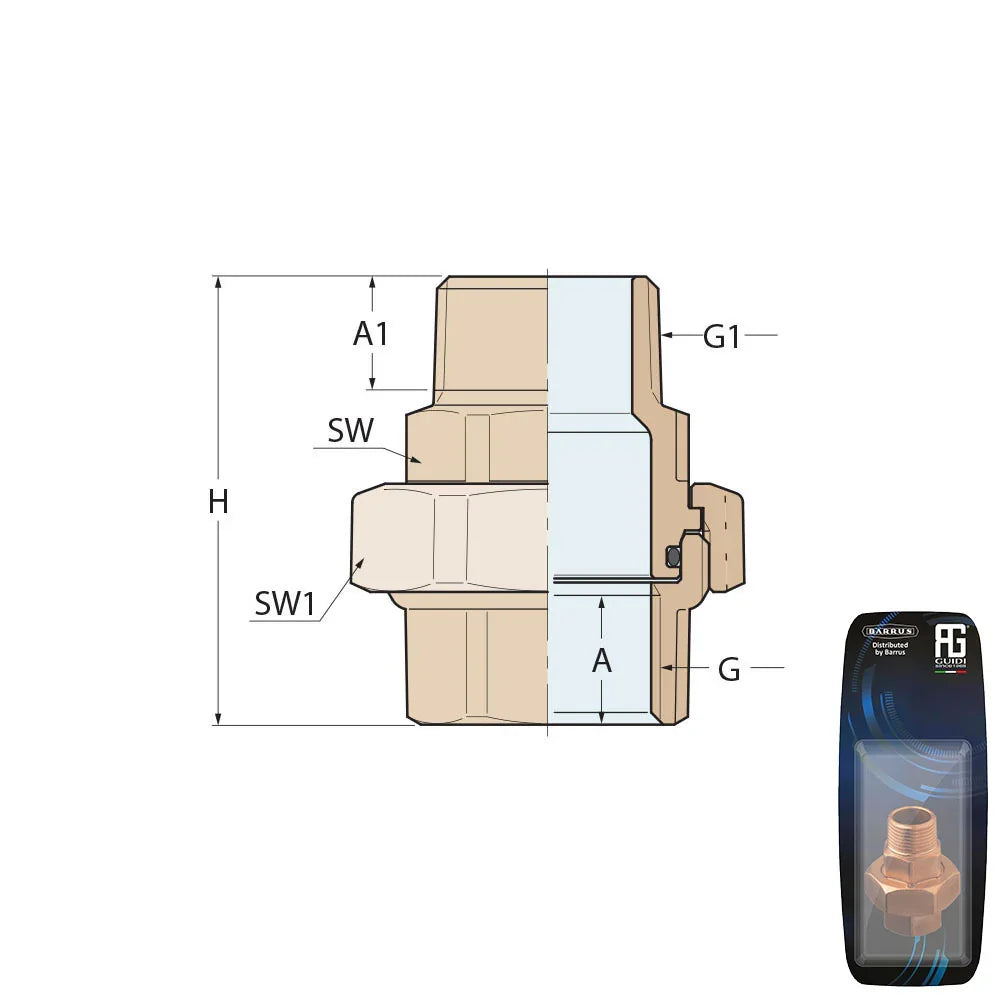 Guidi Brass Union M-F Tapered Seat & O-Ring 1 in 1/4 - Retail Pack