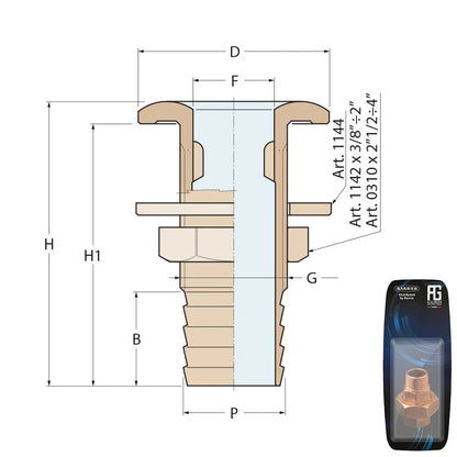 Guidi Brass Thru-Hull Connection With Hose Adaptor 1 in 1/2 - Retail Pack