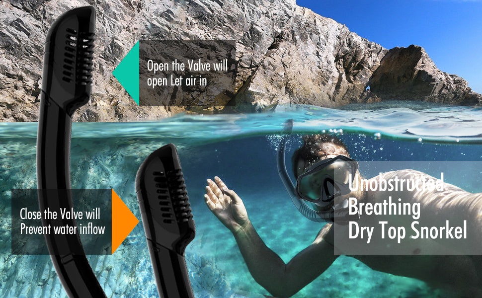 Adult Snorkelling Gear with 180 degree tempered glass anti-fog dry top snorkel Great Vision Swimming & Diving Gear