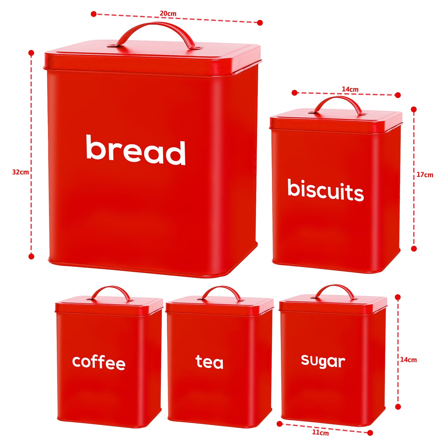 5PC Metal Bread Bin - Biscuits/Coffee/Tea/Sugar Canisters Set