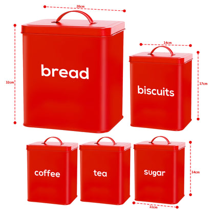 5PC Metal Bread Bin - Biscuits/Coffee/Tea/Sugar Canisters Set