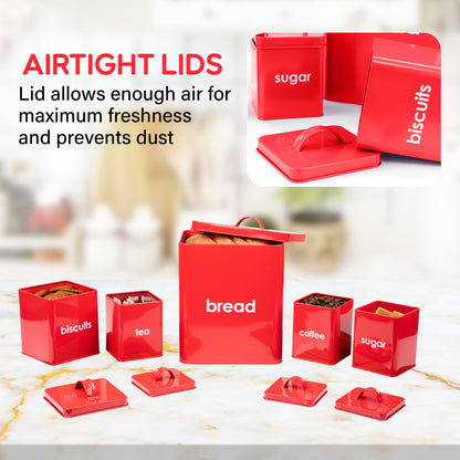 5PC Metal Bread Bin - Biscuits/Coffee/Tea/Sugar Canisters Set