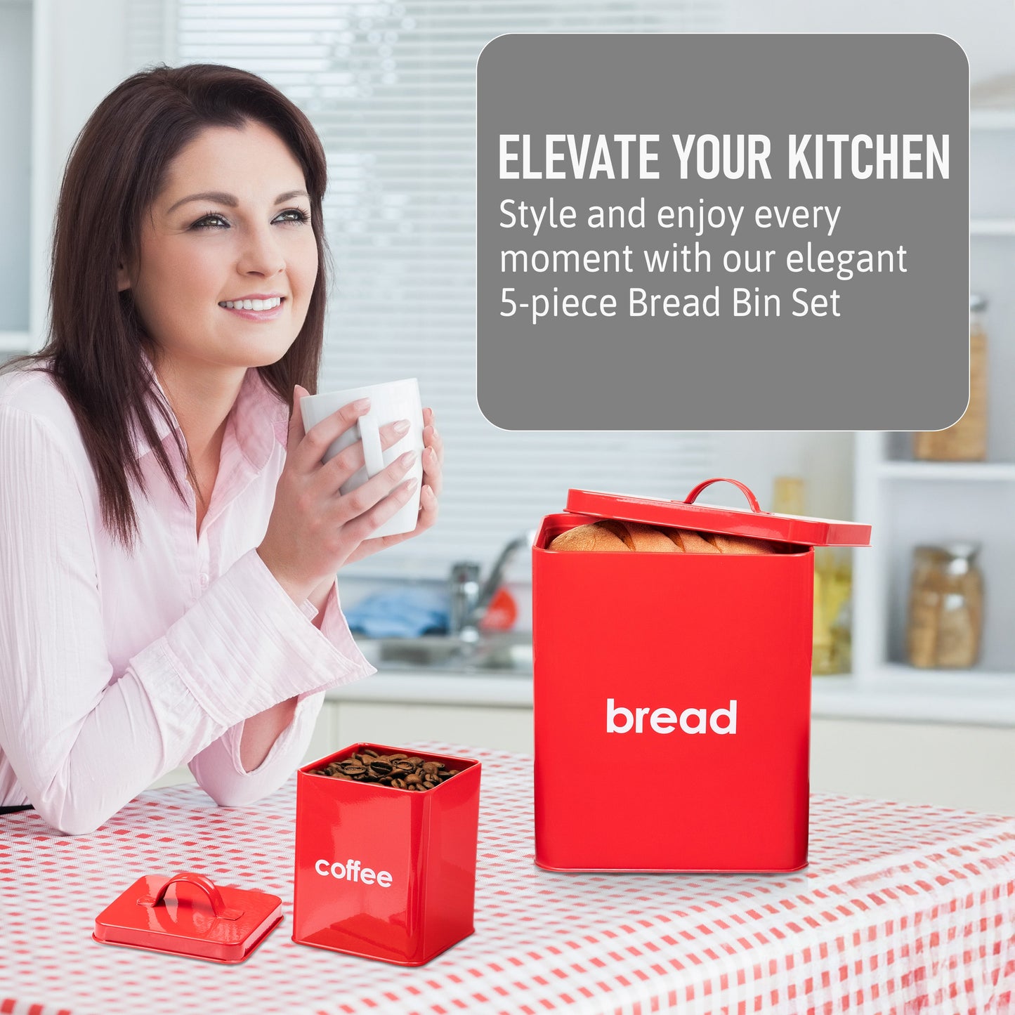 5PC Metal Bread Bin - Biscuits/Coffee/Tea/Sugar Canisters Set