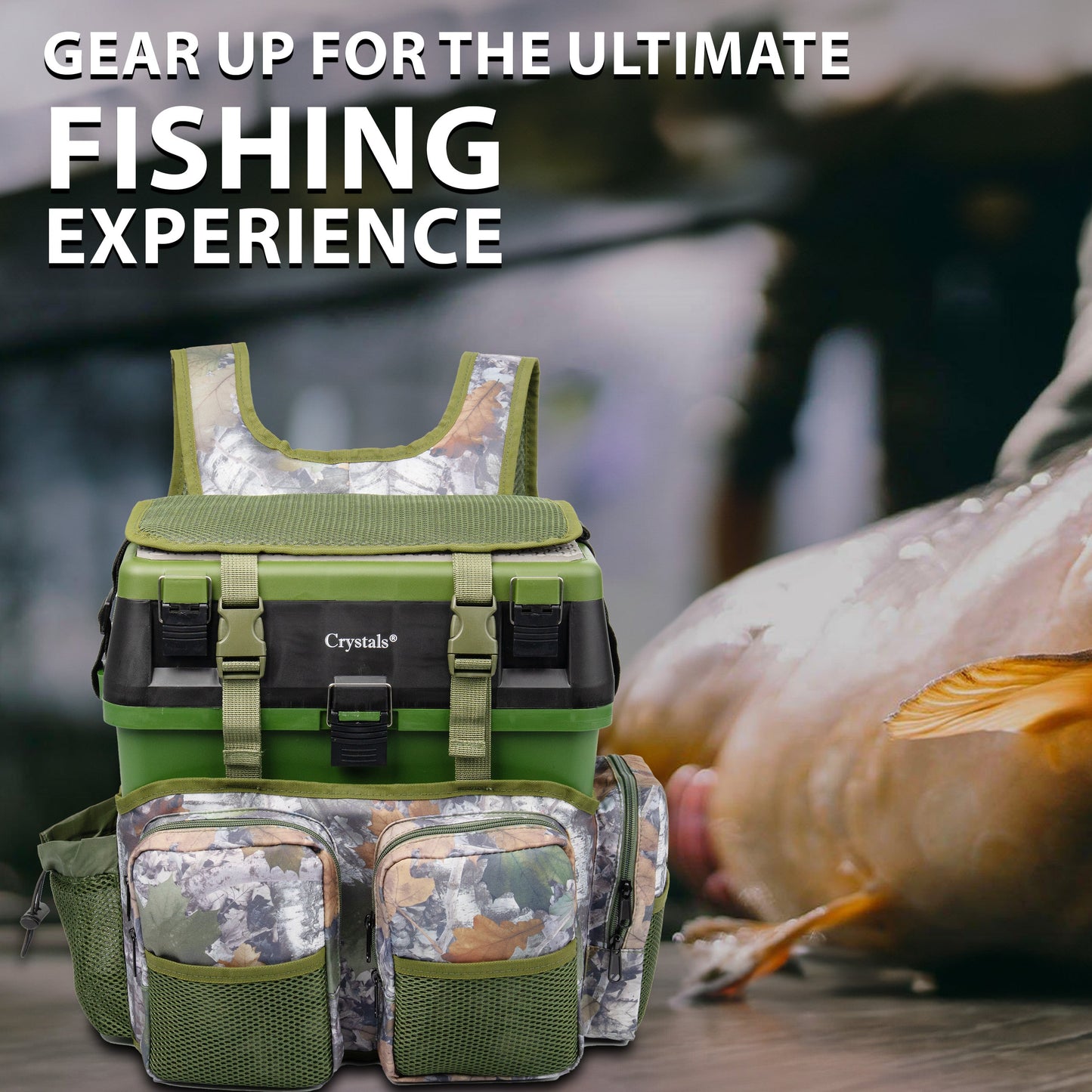 Fishing Tackle Box with Padded Seat & Straps