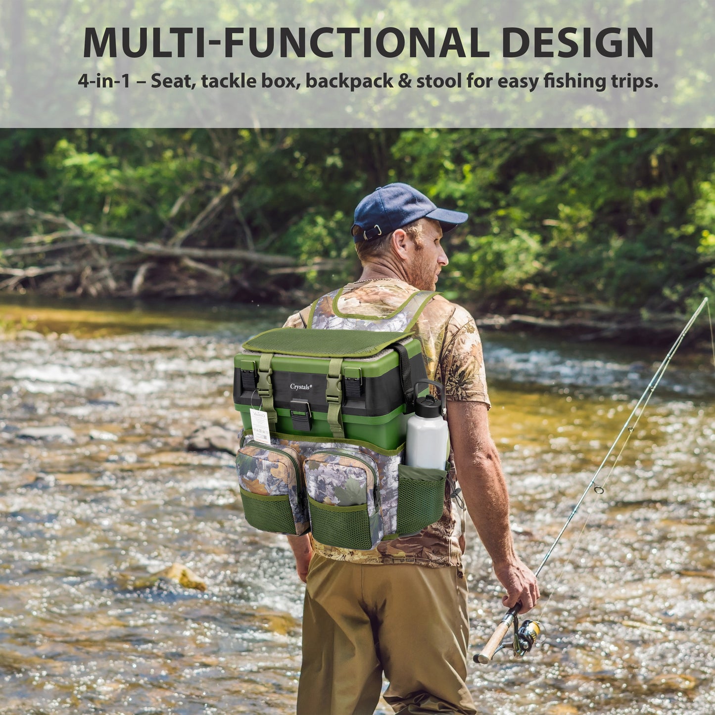 Fishing Tackle Box with Padded Seat & Straps