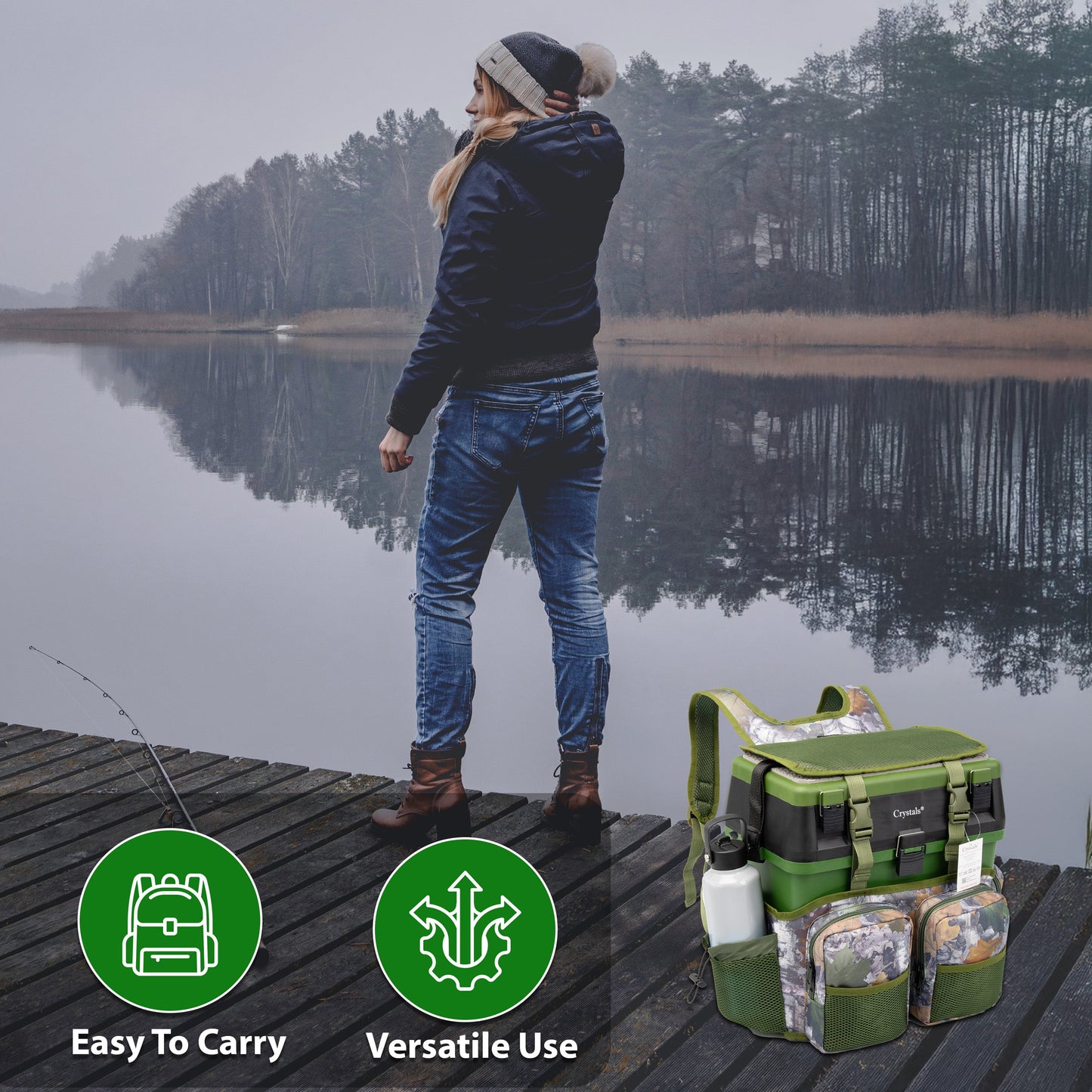 Fishing Tackle Box with Padded Seat & Straps