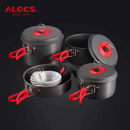 Alocs Outdoor Folding Camping Pot Cookware Mess Kit Pot Water Kettle Frying Pan Bowl Cooking Set Backpacking Picnic Hiking