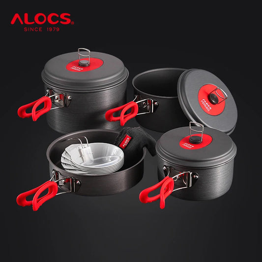 Alocs Outdoor Folding Camping Pot Cookware Mess Kit Pot Water Kettle Frying Pan Bowl Cooking Set Backpacking Picnic Hiking