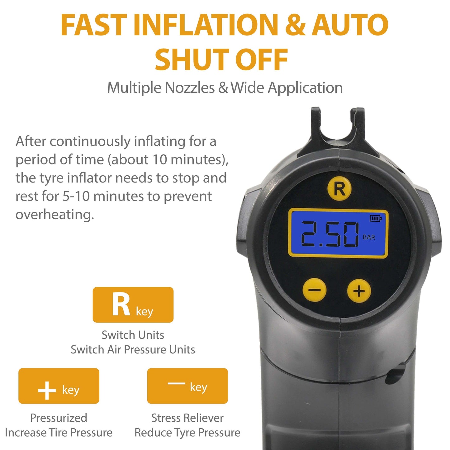 Cordless Electric Car Tyre Inflator Air Compressor Pump