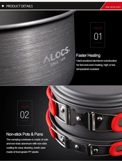 Alocs Outdoor Folding Camping Pot Cookware Mess Kit Pot Water Kettle Frying Pan Bowl Cooking Set Backpacking Picnic Hiking