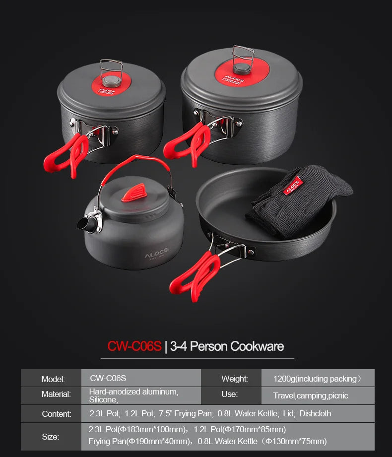 Alocs Outdoor Folding Camping Pot Cookware Mess Kit Pot Water Kettle Frying Pan Bowl Cooking Set Backpacking Picnic Hiking